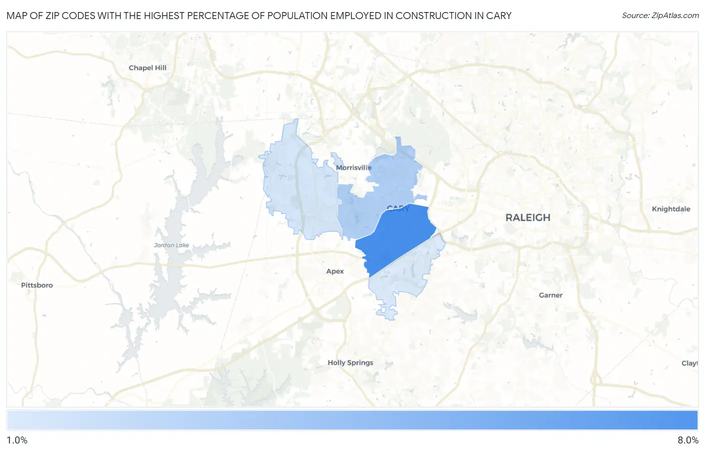 Zip Codes with the Highest Percentage of Population Employed in Construction in Cary Map