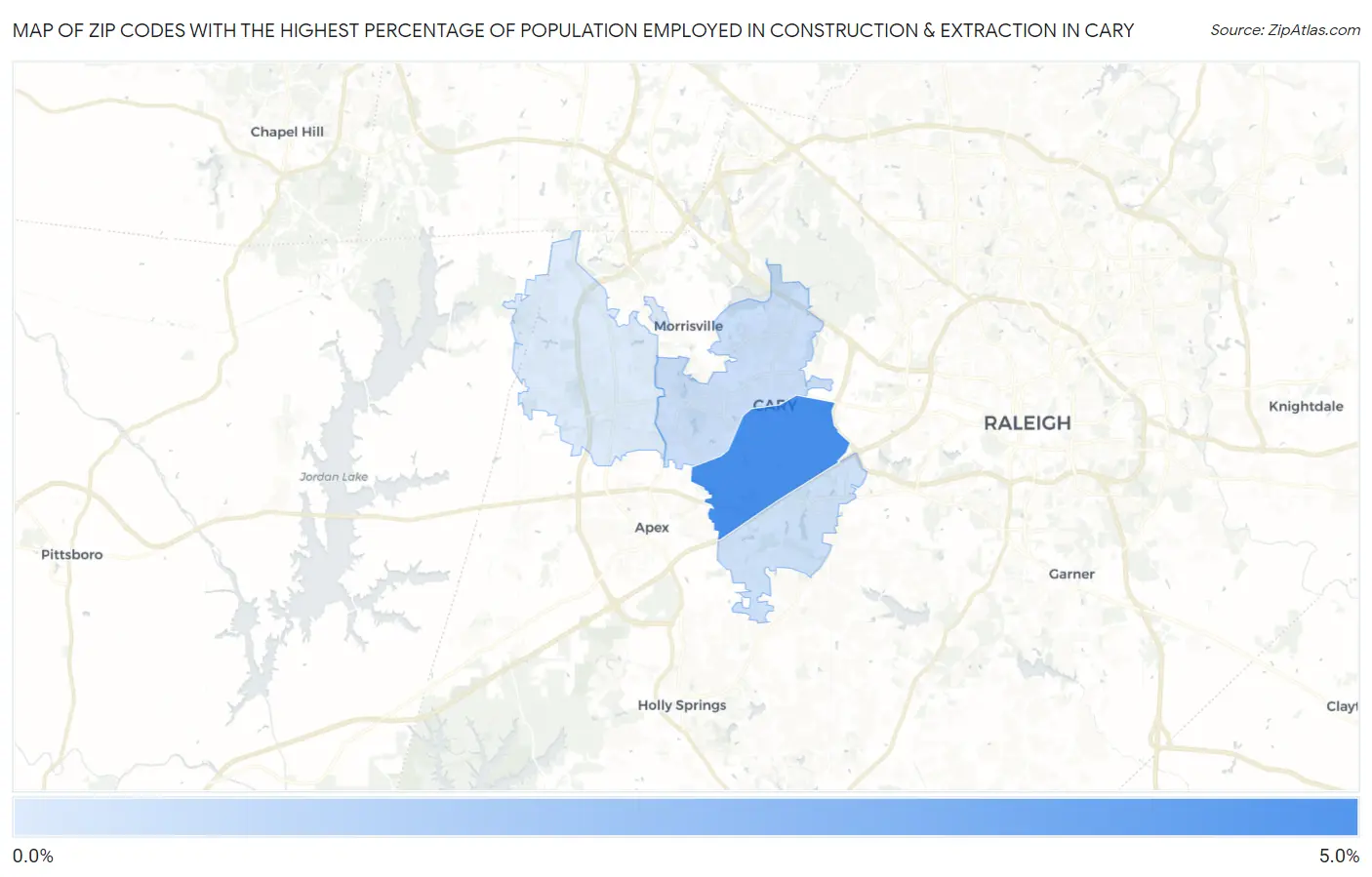 Zip Codes with the Highest Percentage of Population Employed in Construction & Extraction in Cary Map