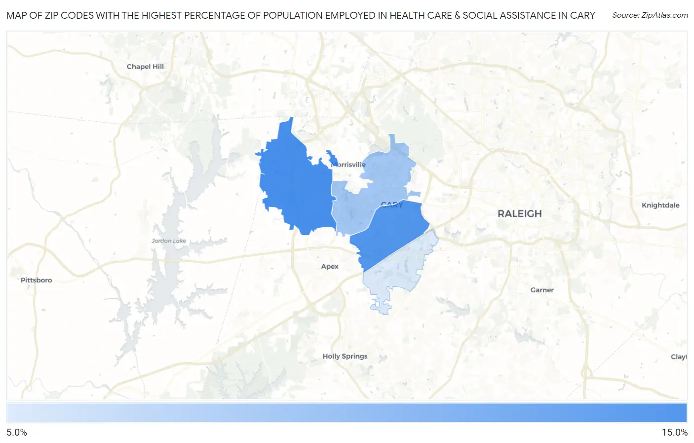 Zip Codes with the Highest Percentage of Population Employed in Health Care & Social Assistance in Cary Map
