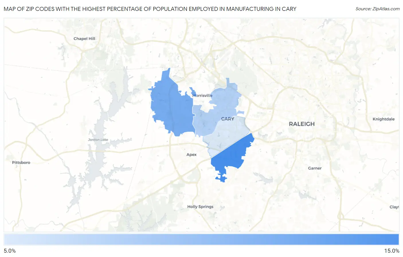 Zip Codes with the Highest Percentage of Population Employed in Manufacturing in Cary Map