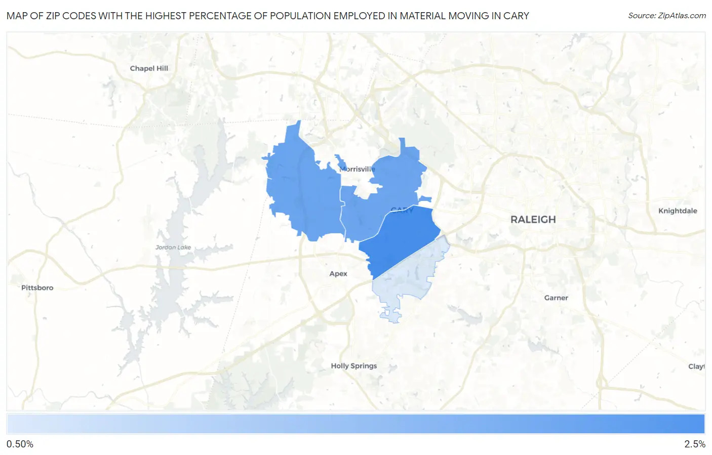 Zip Codes with the Highest Percentage of Population Employed in Material Moving in Cary Map