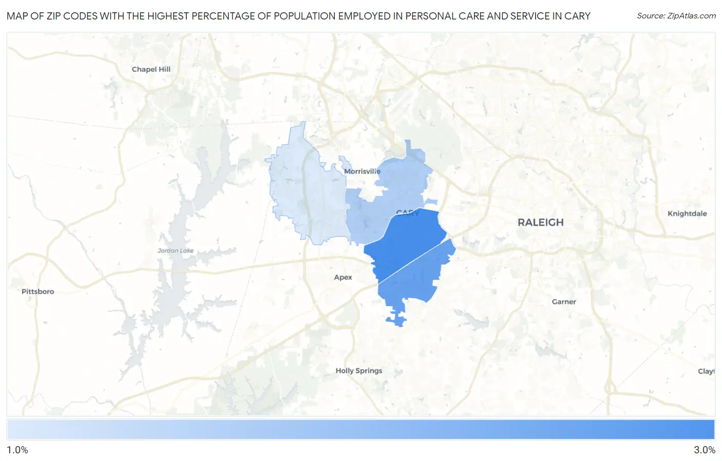Zip Codes with the Highest Percentage of Population Employed in Personal Care and Service in Cary Map