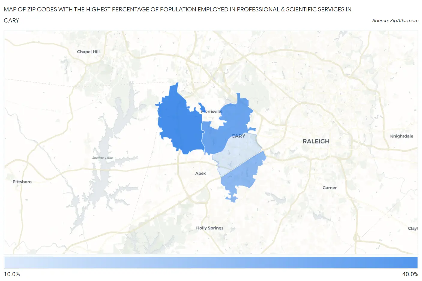 Zip Codes with the Highest Percentage of Population Employed in Professional & Scientific Services in Cary Map