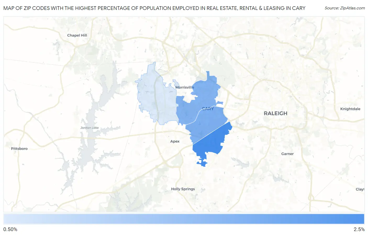 Zip Codes with the Highest Percentage of Population Employed in Real Estate, Rental & Leasing in Cary Map
