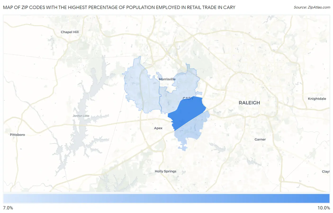 Zip Codes with the Highest Percentage of Population Employed in Retail Trade in Cary Map