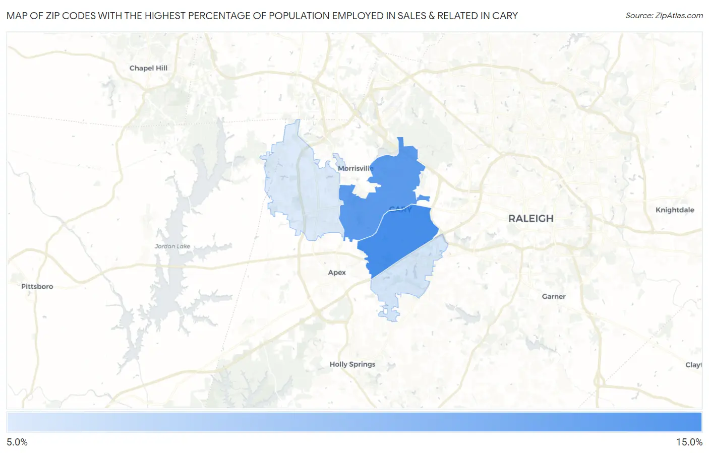 Zip Codes with the Highest Percentage of Population Employed in Sales & Related in Cary Map
