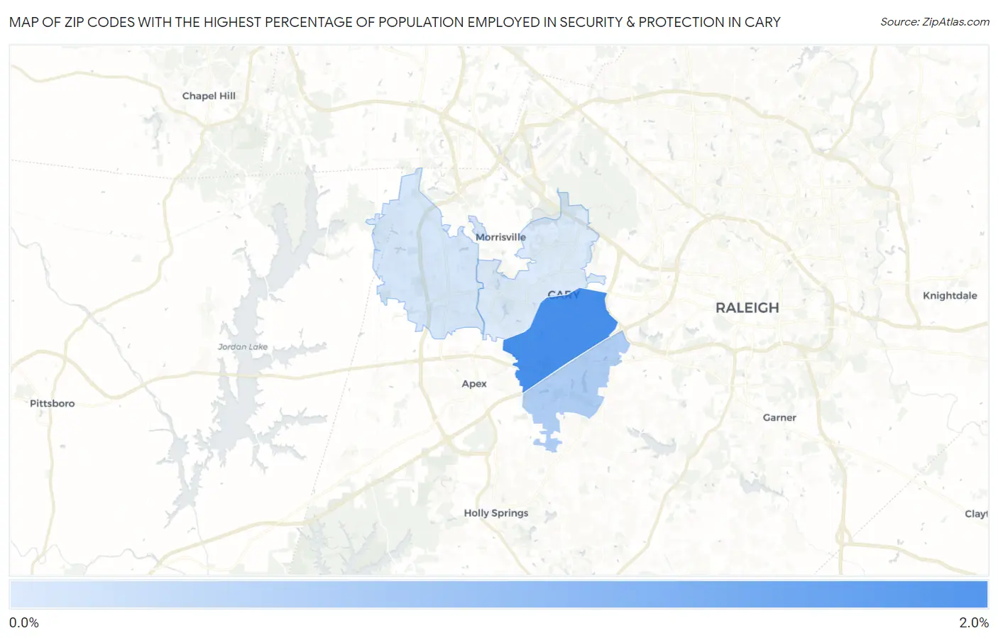 Zip Codes with the Highest Percentage of Population Employed in Security & Protection in Cary Map