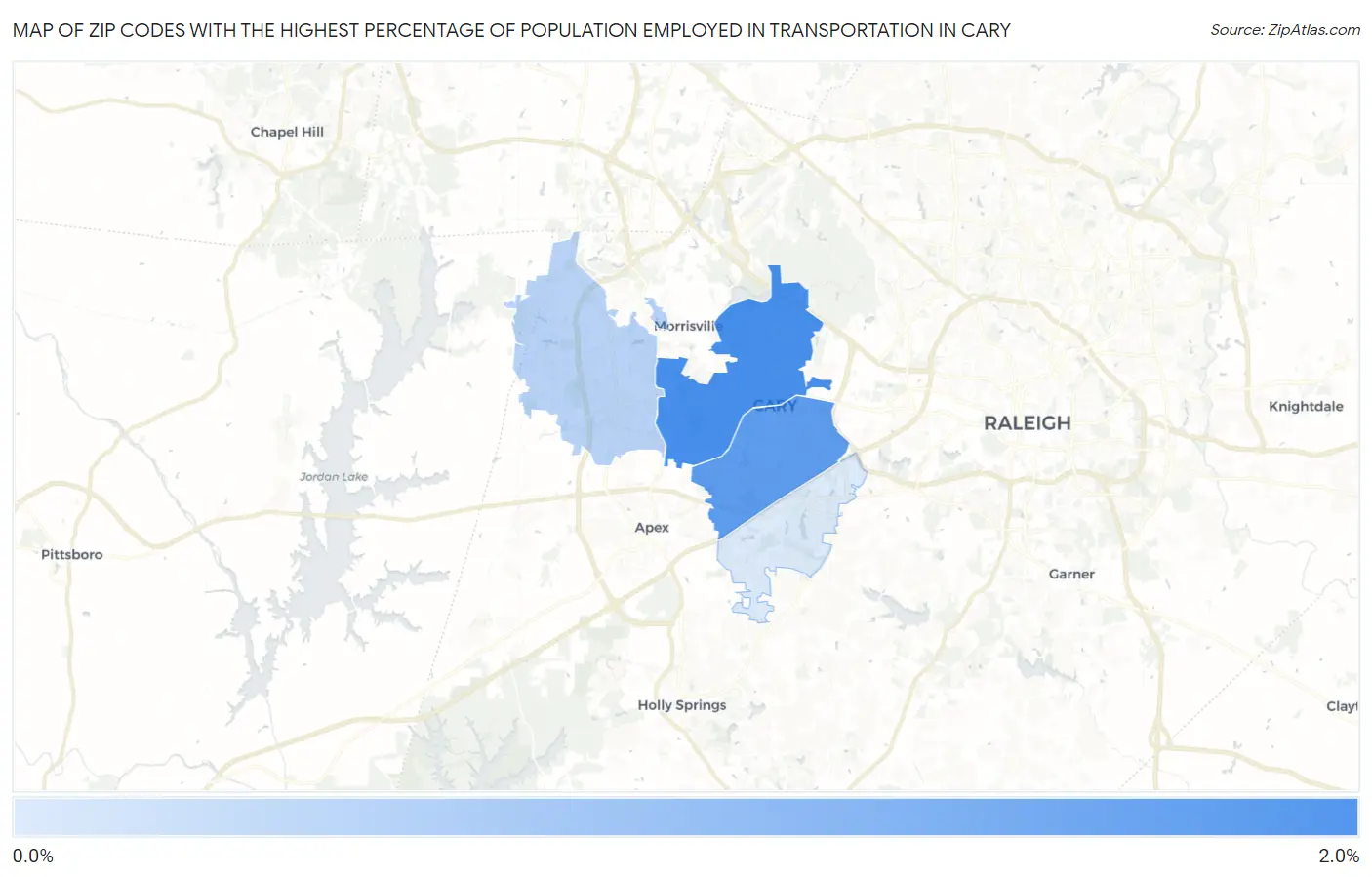 Zip Codes with the Highest Percentage of Population Employed in Transportation in Cary Map