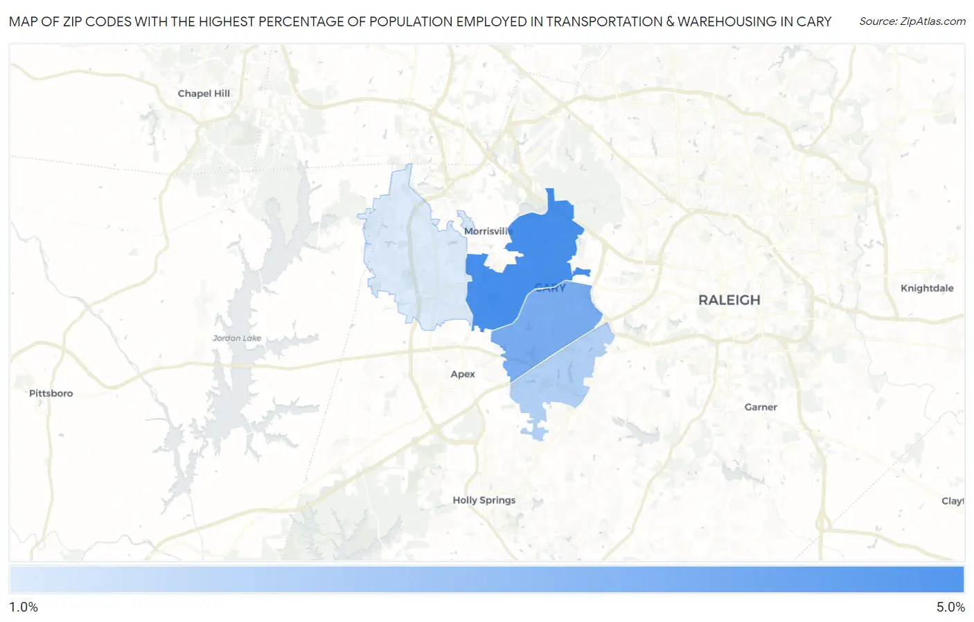 Zip Codes with the Highest Percentage of Population Employed in Transportation & Warehousing in Cary Map