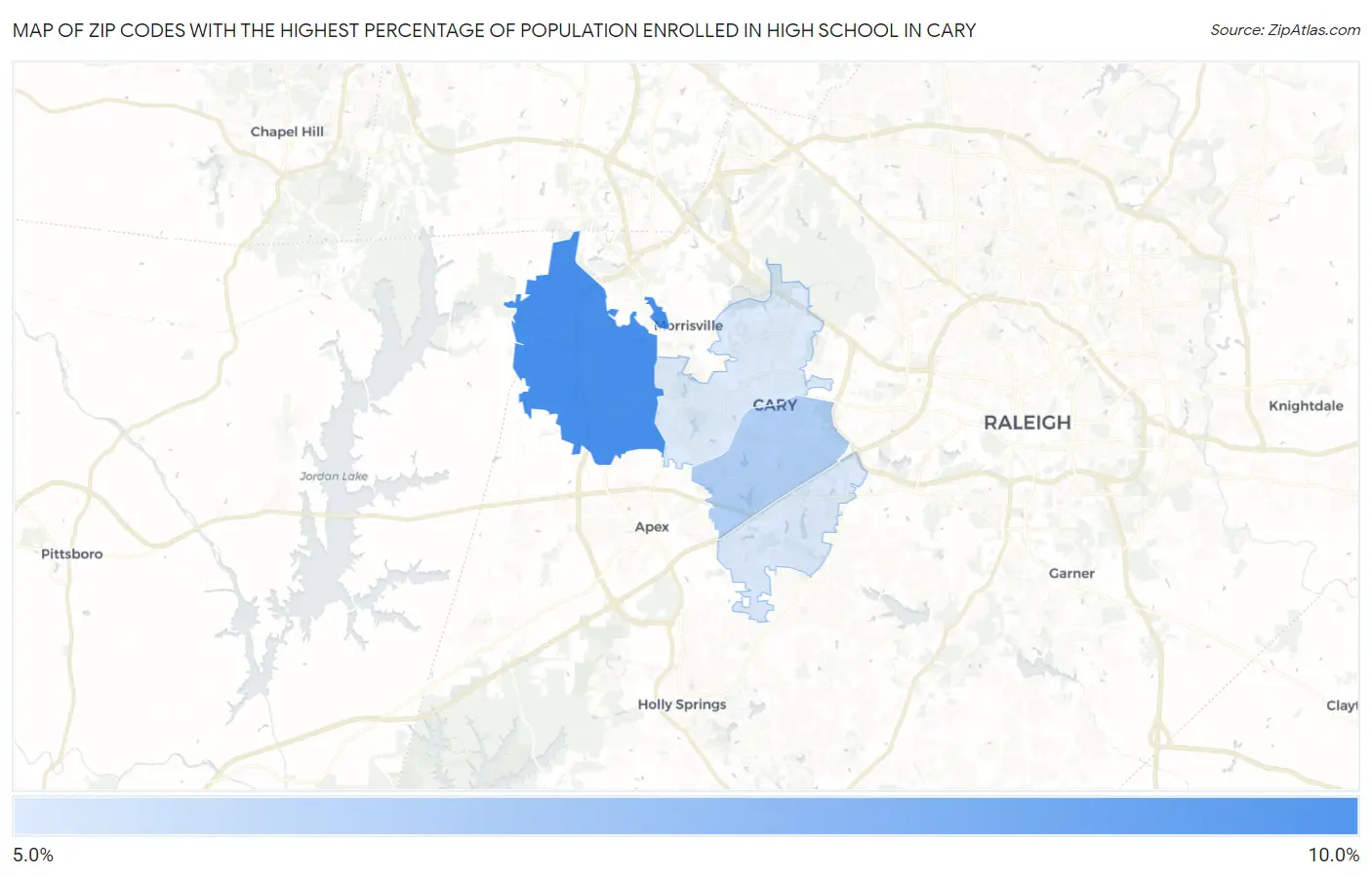 Zip Codes with the Highest Percentage of Population Enrolled in High School in Cary Map