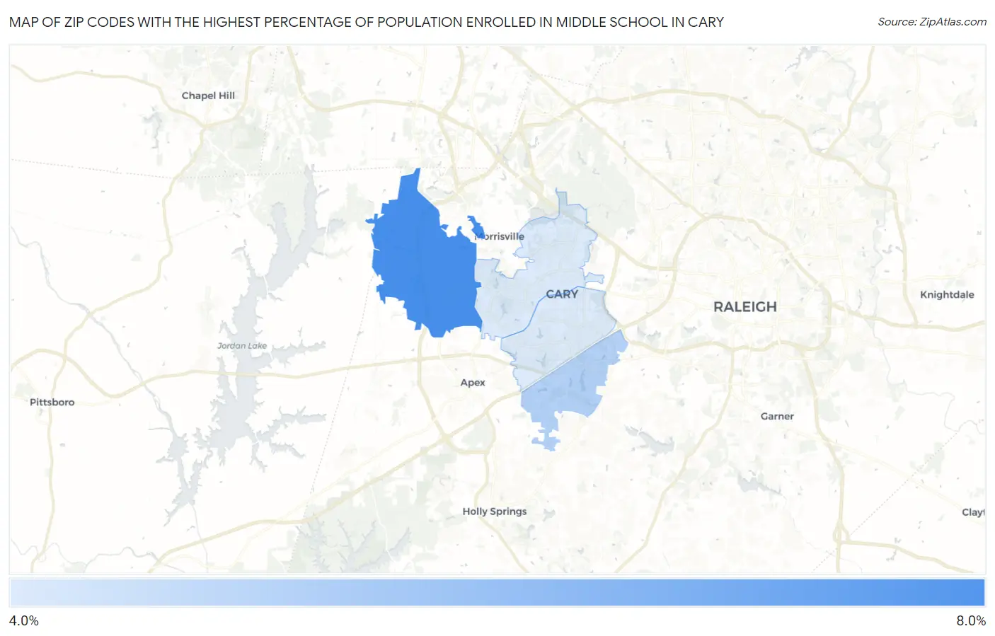 Zip Codes with the Highest Percentage of Population Enrolled in Middle School in Cary Map
