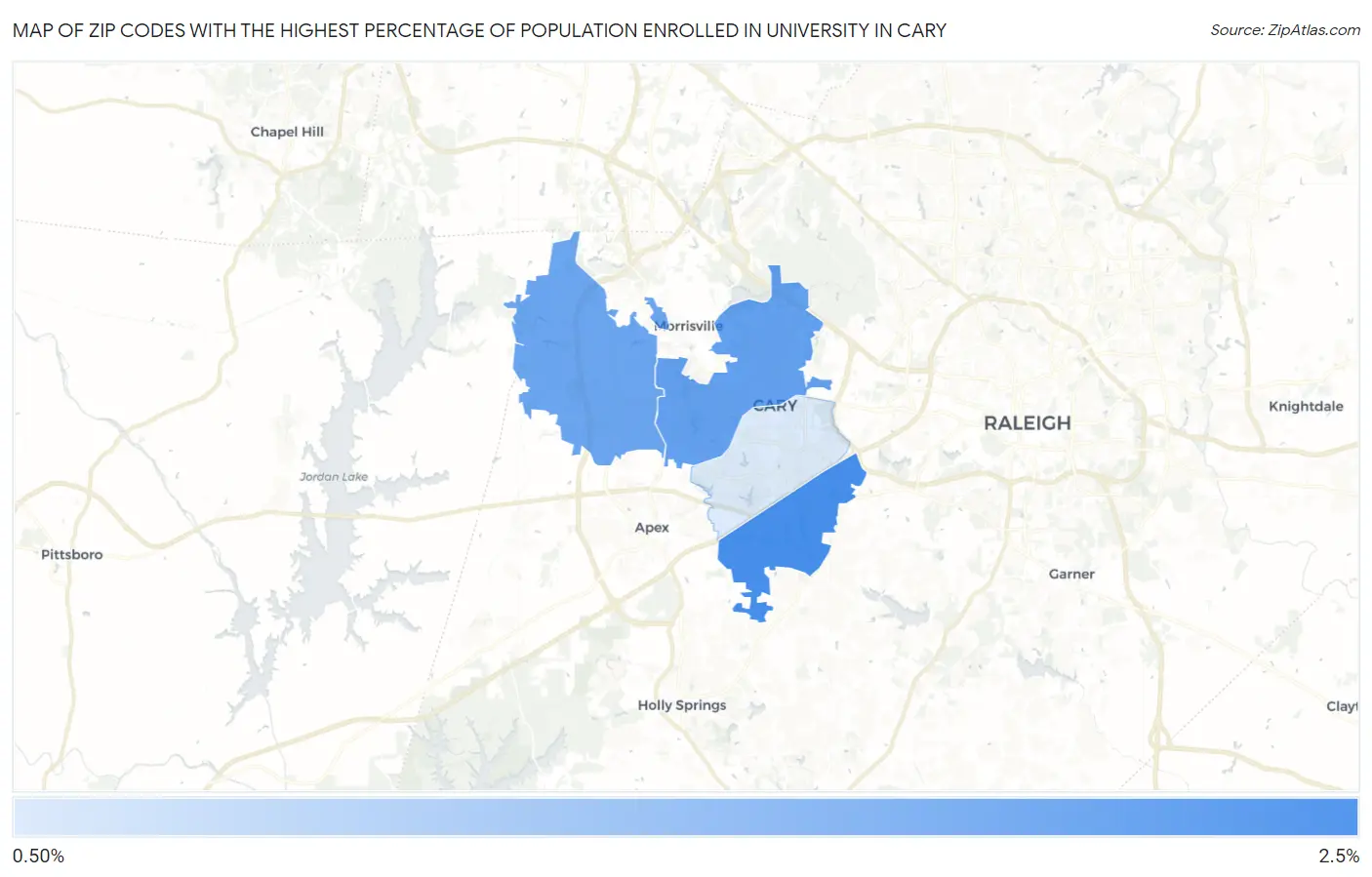 Zip Codes with the Highest Percentage of Population Enrolled in University in Cary Map
