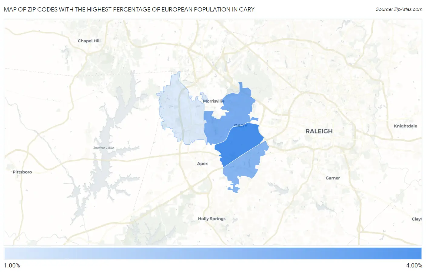 Zip Codes with the Highest Percentage of European Population in Cary Map