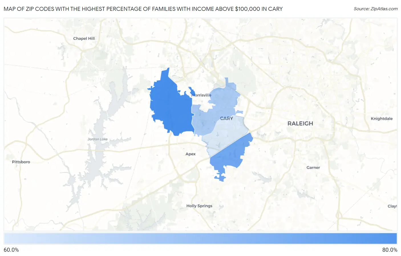 Zip Codes with the Highest Percentage of Families with Income Above $100,000 in Cary Map