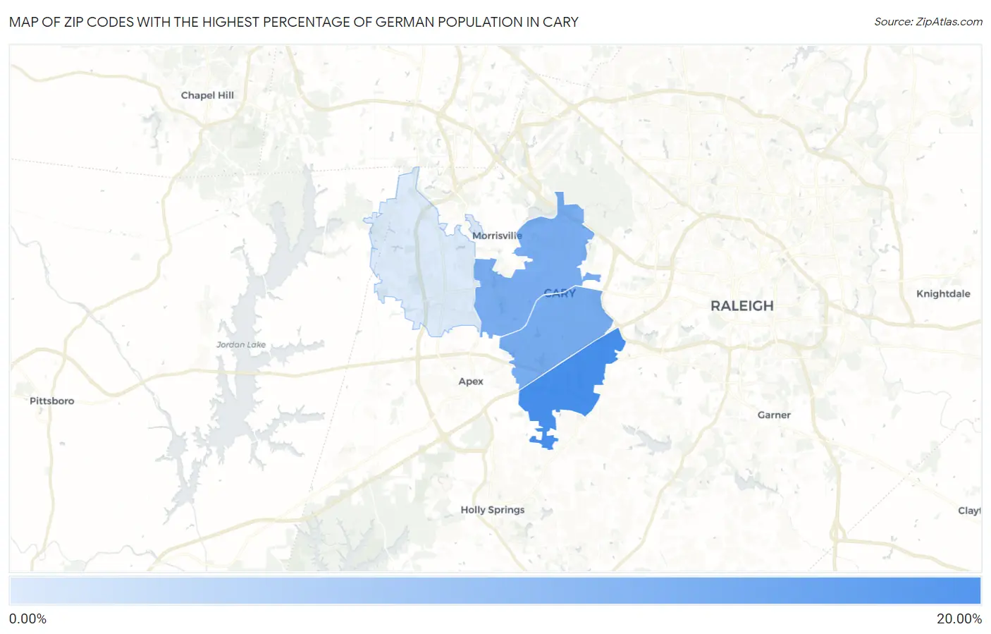 Zip Codes with the Highest Percentage of German Population in Cary Map