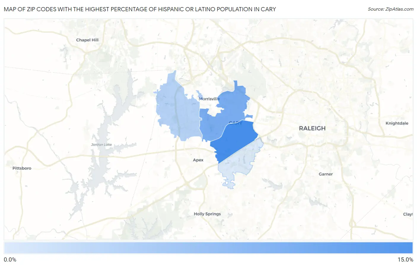 Zip Codes with the Highest Percentage of Hispanic or Latino Population in Cary Map