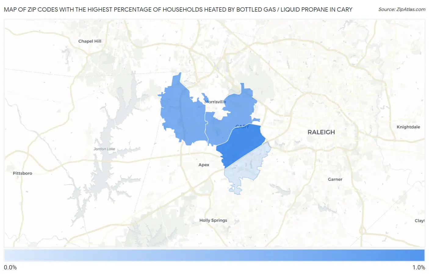 Zip Codes with the Highest Percentage of Households Heated by Bottled Gas / Liquid Propane in Cary Map