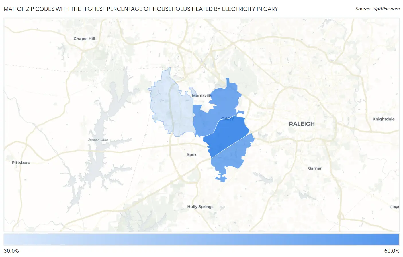Zip Codes with the Highest Percentage of Households Heated by Electricity in Cary Map