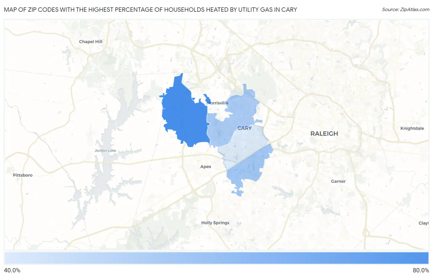 Zip Codes with the Highest Percentage of Households Heated by Utility Gas in Cary Map