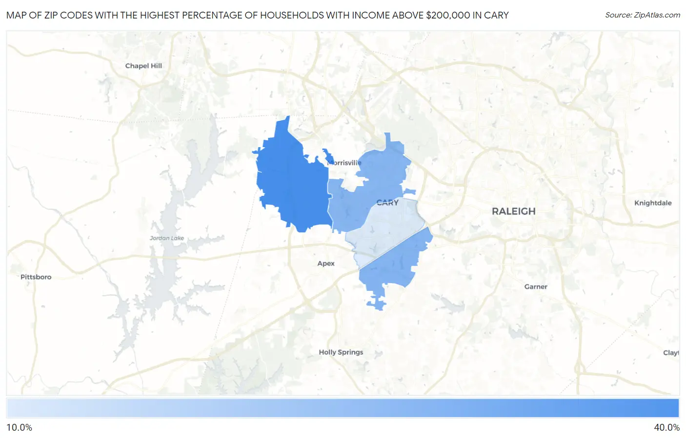 Zip Codes with the Highest Percentage of Households with Income Above $200,000 in Cary Map