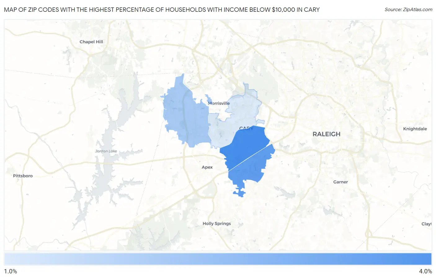 Zip Codes with the Highest Percentage of Households with Income Below $10,000 in Cary Map