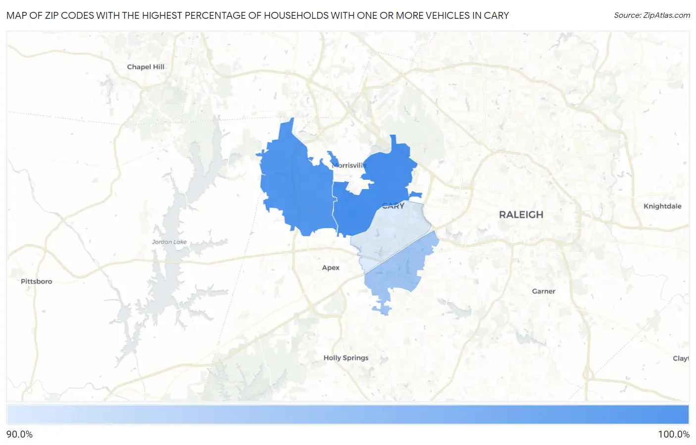 Zip Codes with the Highest Percentage of Households With One or more Vehicles in Cary Map