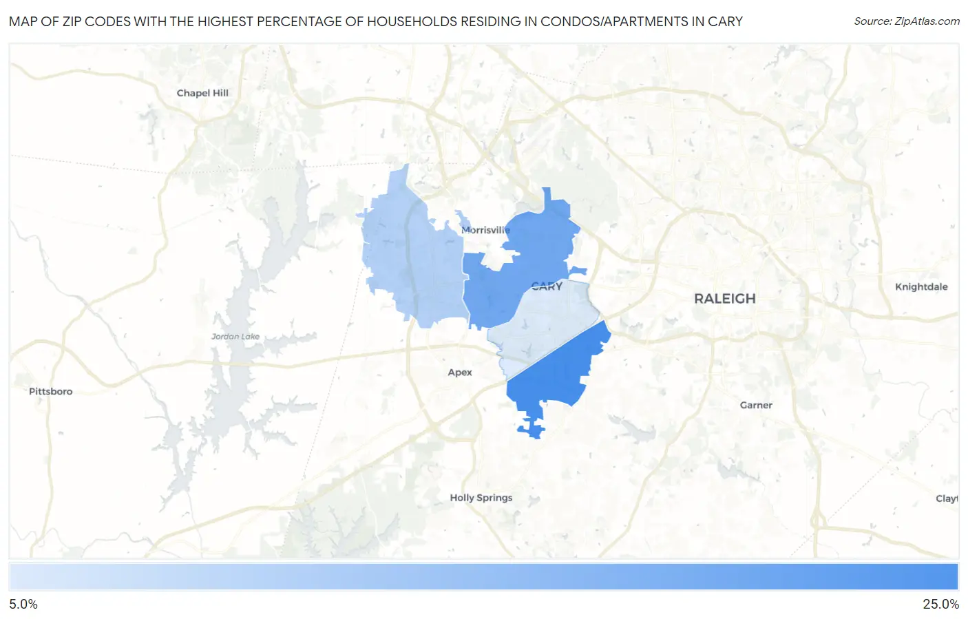 Zip Codes with the Highest Percentage of Households Residing in Condos/Apartments in Cary Map