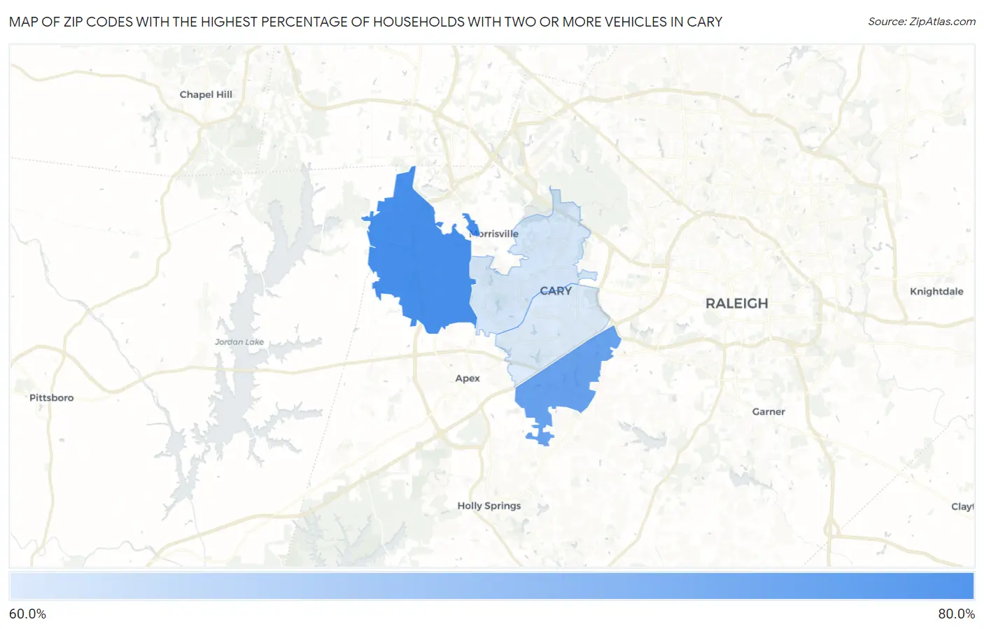 Zip Codes with the Highest Percentage of Households With Two or more Vehicles in Cary Map