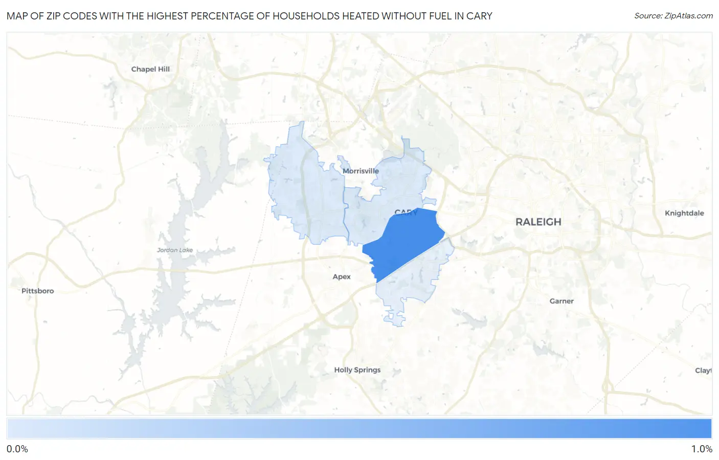 Zip Codes with the Highest Percentage of Households Heated without Fuel in Cary Map