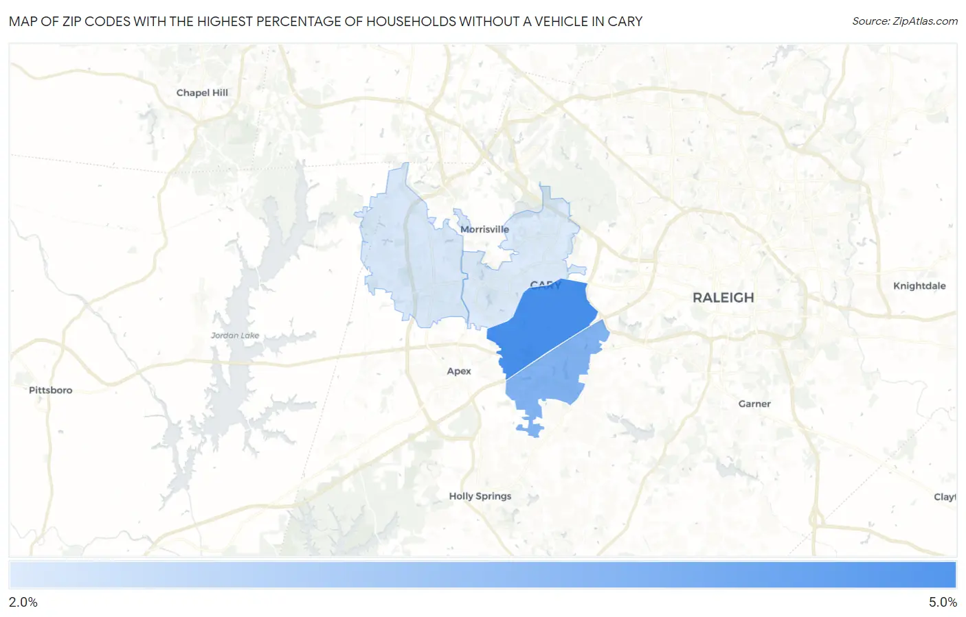 Zip Codes with the Highest Percentage of Households Without a Vehicle in Cary Map