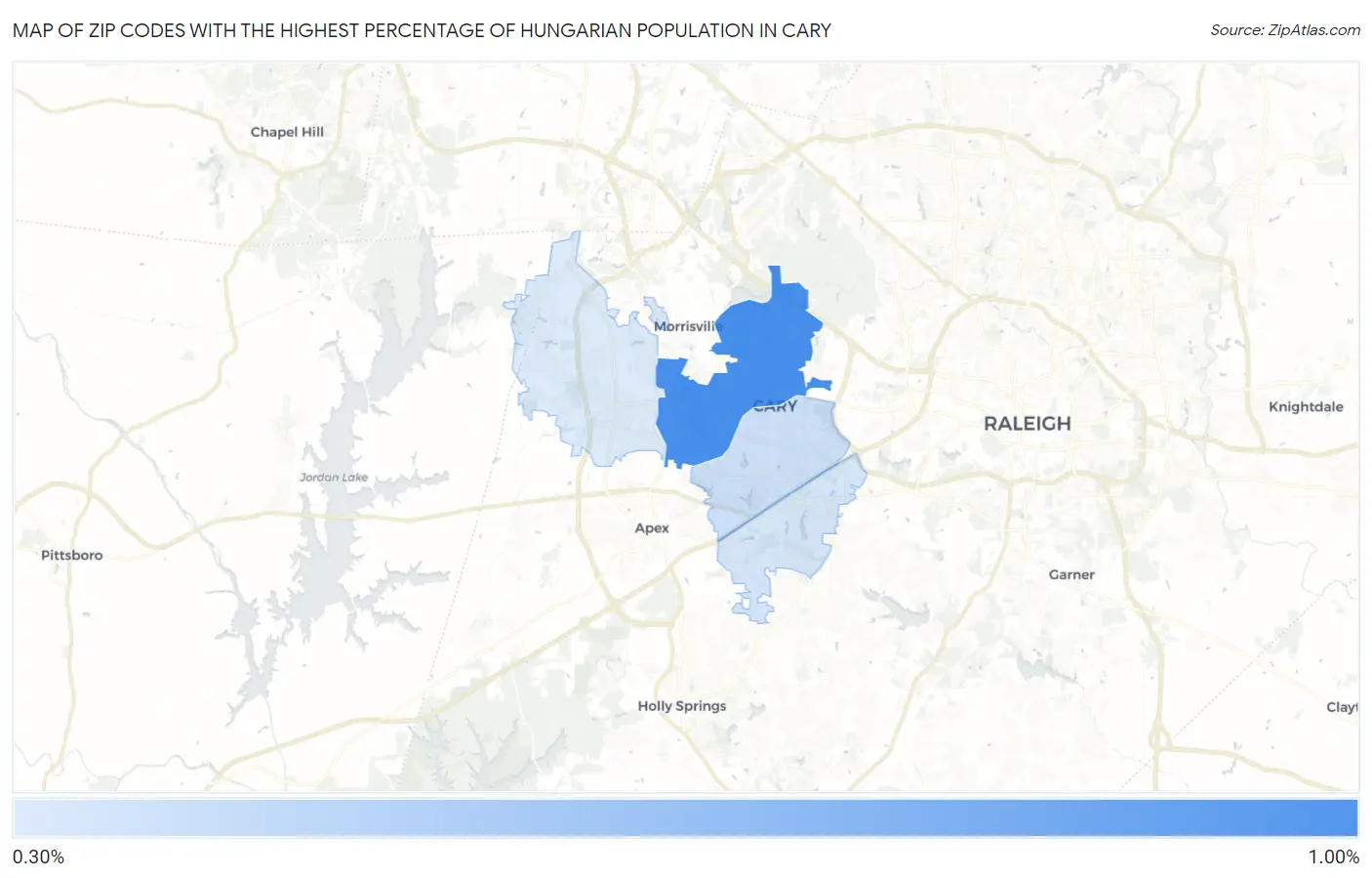 Zip Codes with the Highest Percentage of Hungarian Population in Cary Map