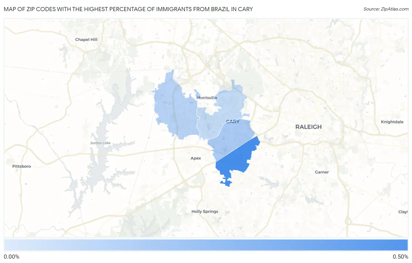 Zip Codes with the Highest Percentage of Immigrants from Brazil in Cary Map