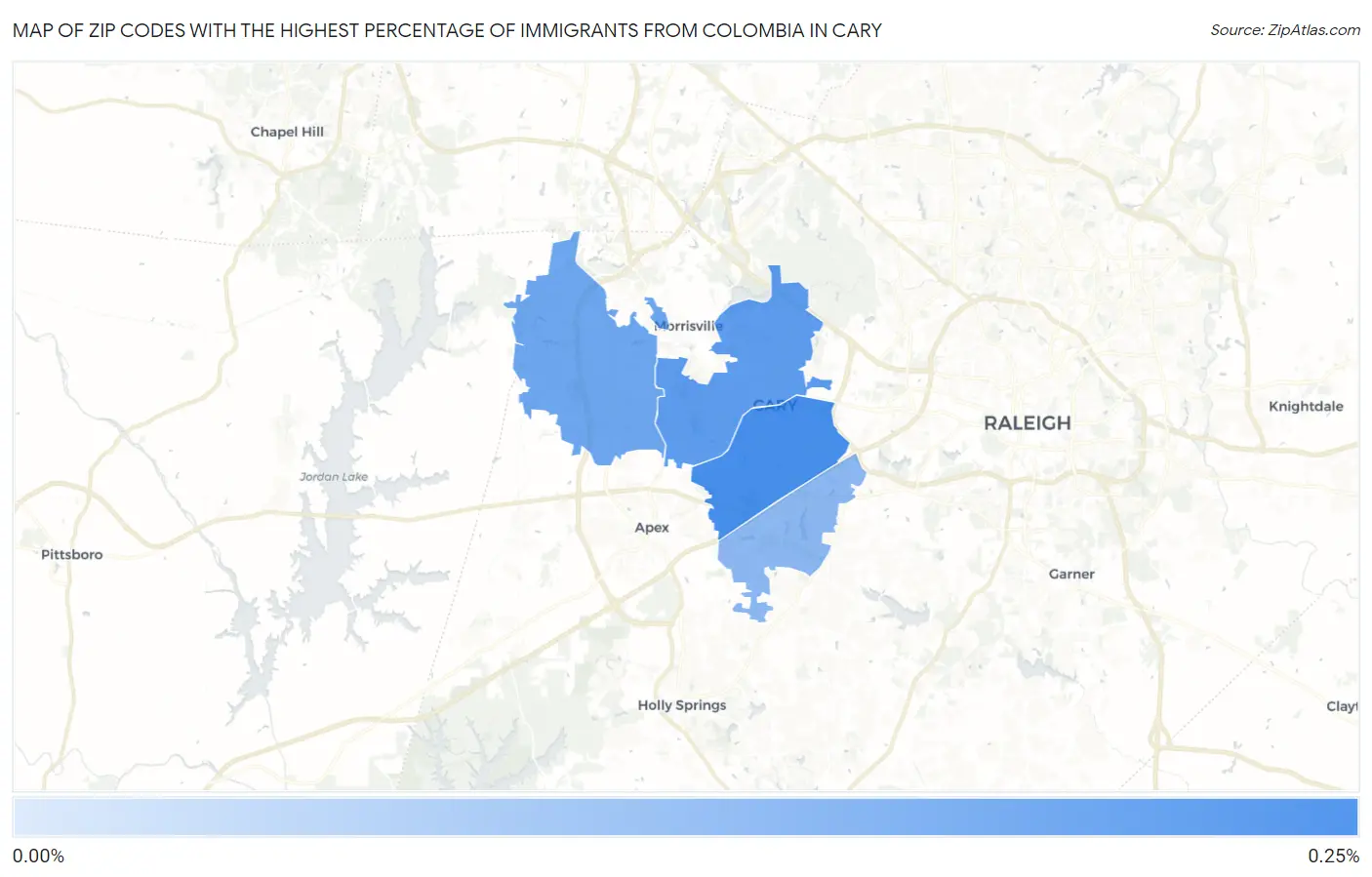 Zip Codes with the Highest Percentage of Immigrants from Colombia in Cary Map