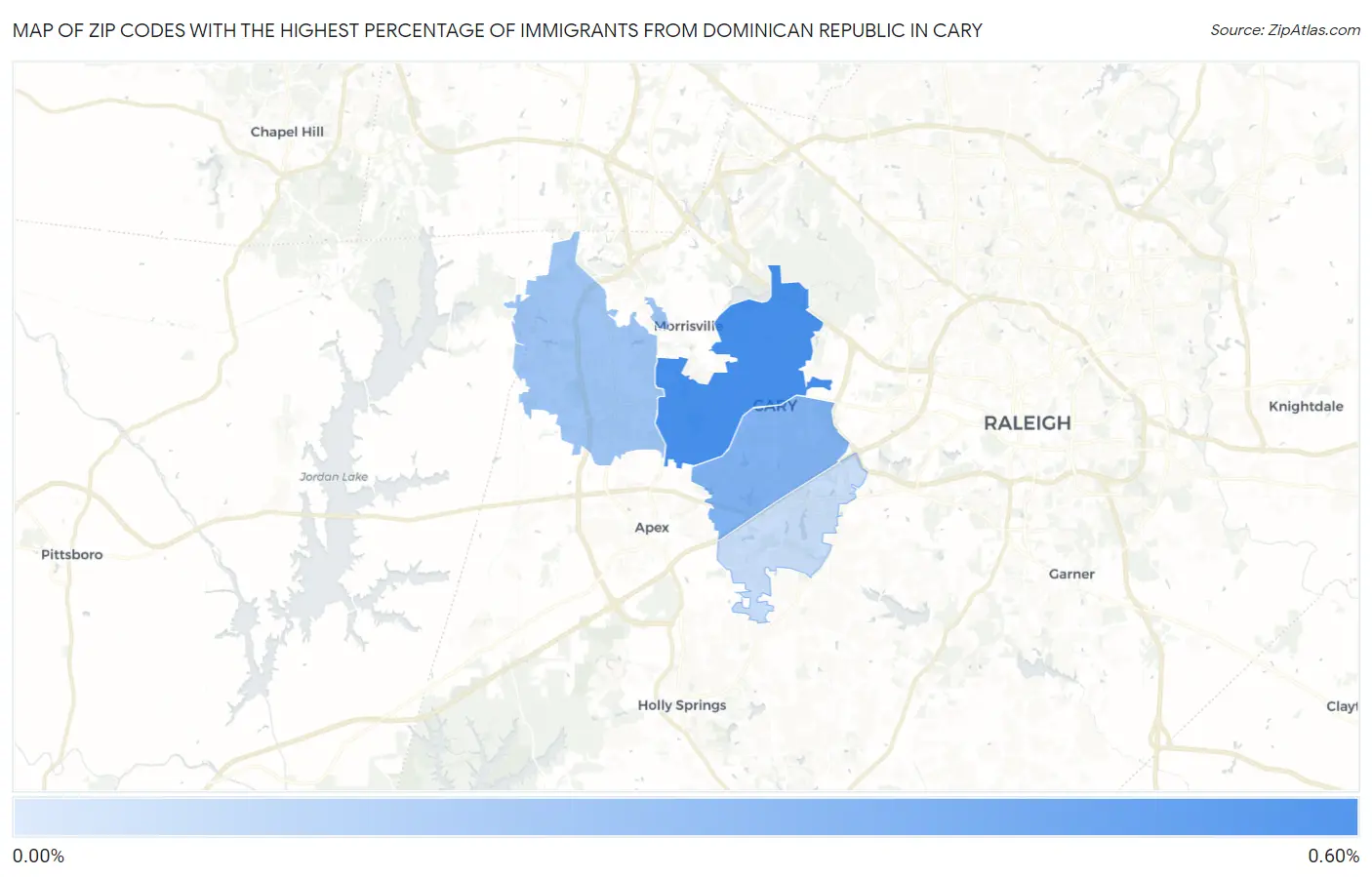 Zip Codes with the Highest Percentage of Immigrants from Dominican Republic in Cary Map