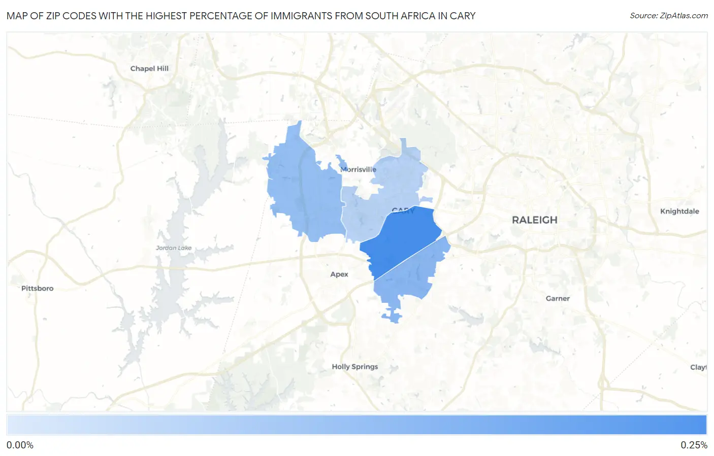 Zip Codes with the Highest Percentage of Immigrants from South Africa in Cary Map