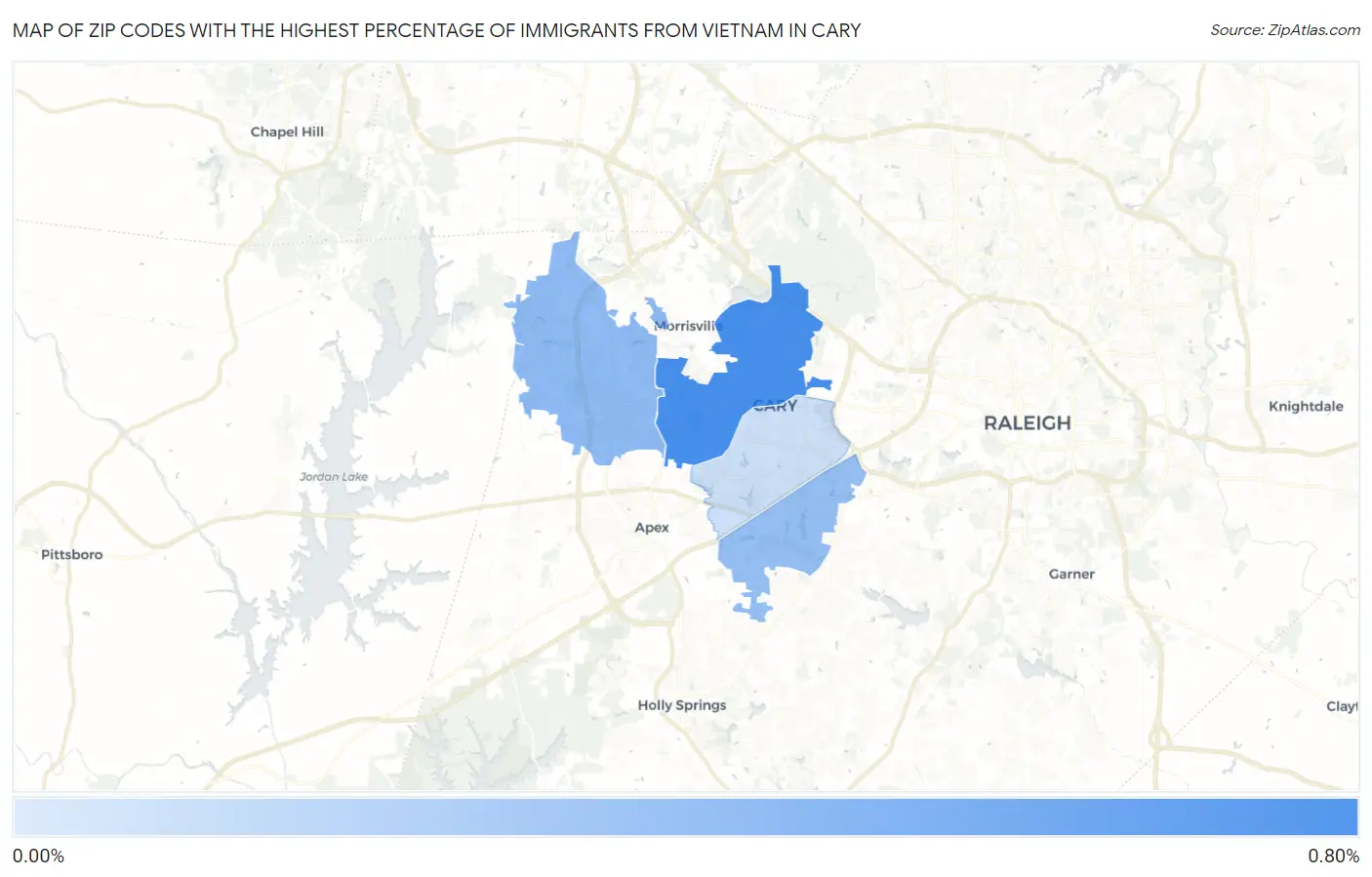 Zip Codes with the Highest Percentage of Immigrants from Vietnam in Cary Map