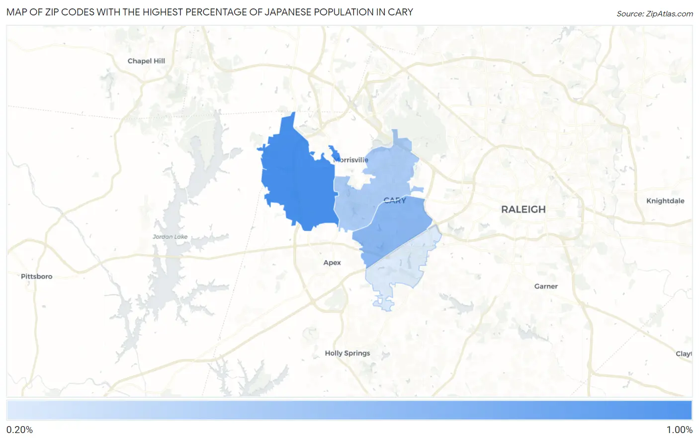 Zip Codes with the Highest Percentage of Japanese Population in Cary Map