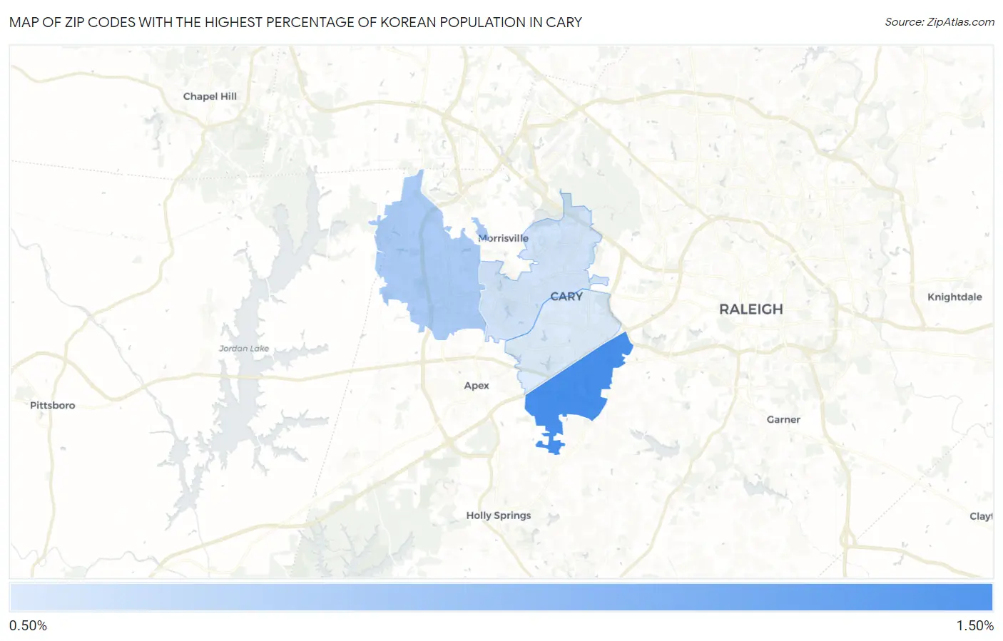 Zip Codes with the Highest Percentage of Korean Population in Cary Map