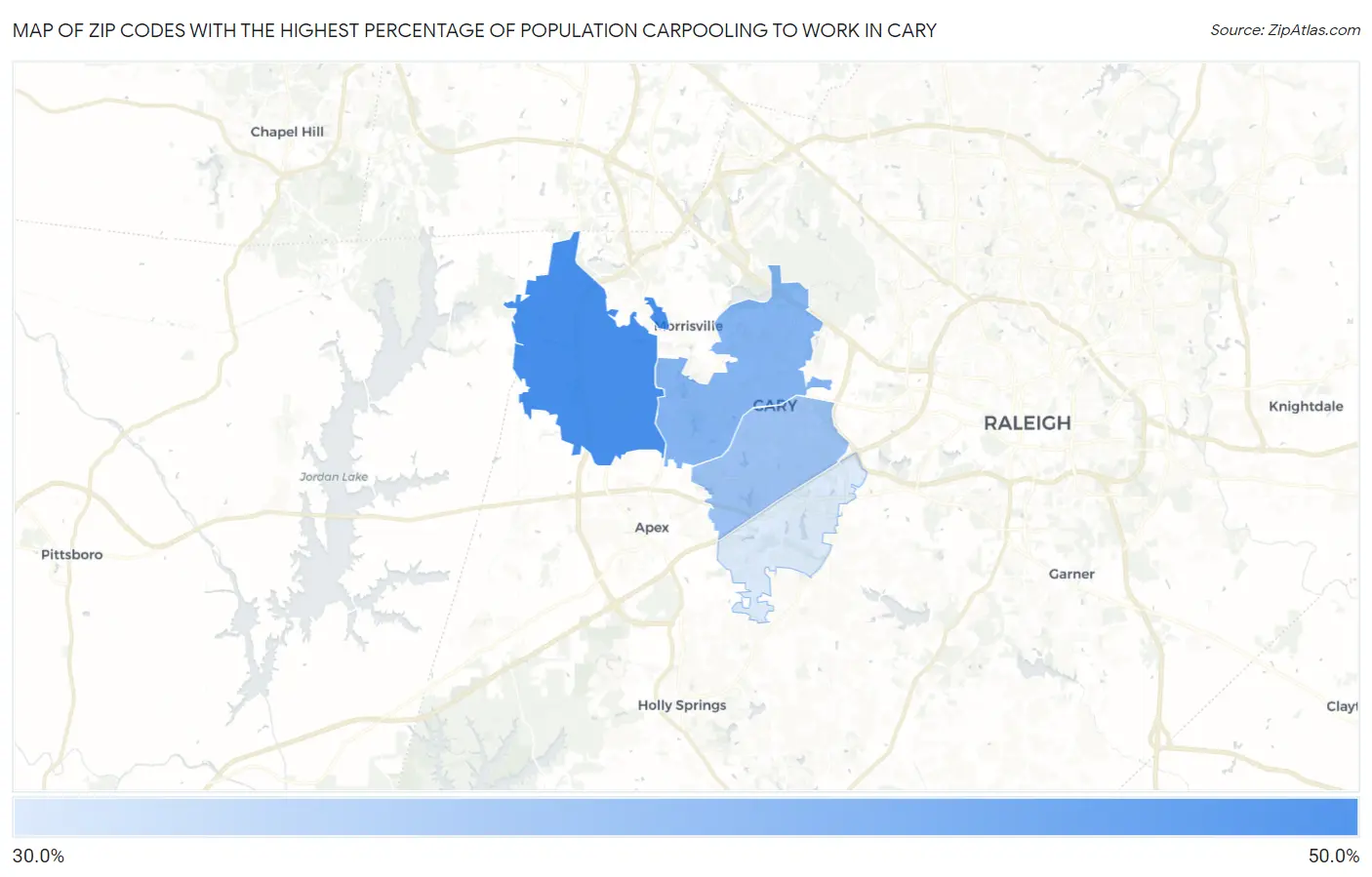 Zip Codes with the Highest Percentage of Population Carpooling to Work in Cary Map