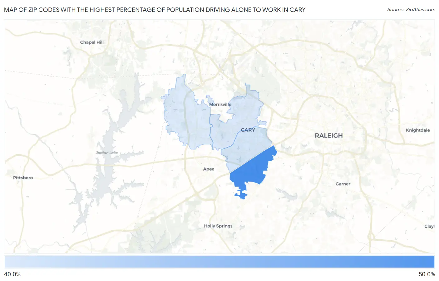 Zip Codes with the Highest Percentage of Population Driving Alone to Work in Cary Map