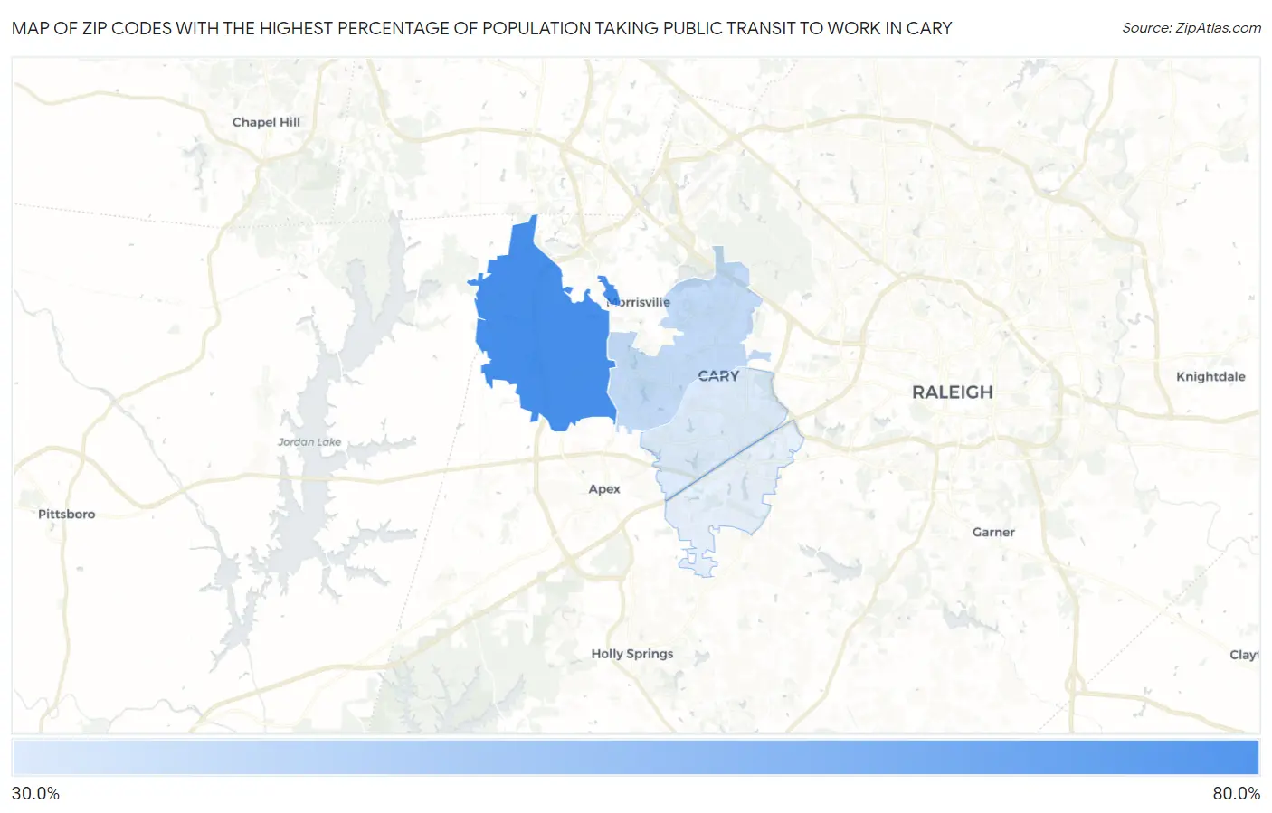 Zip Codes with the Highest Percentage of Population Taking Public Transit to Work in Cary Map