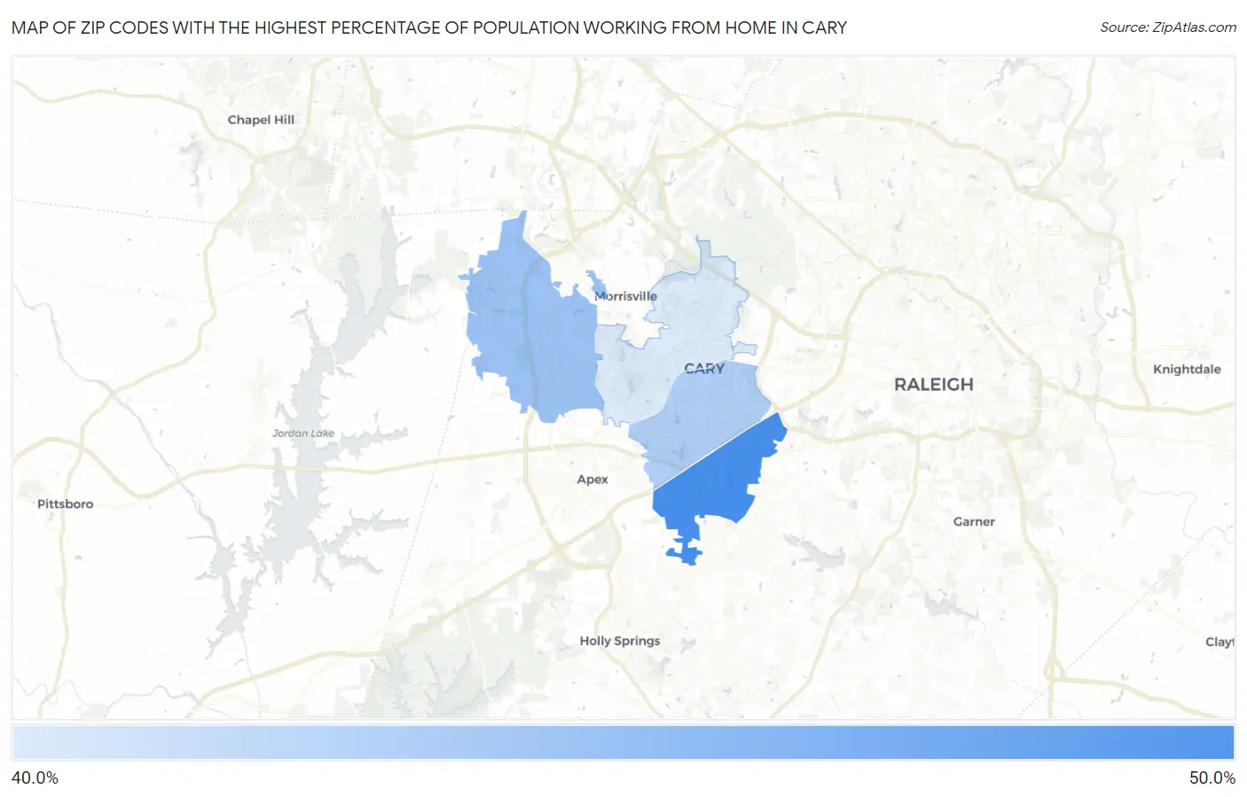 Zip Codes with the Highest Percentage of Population Working from Home in Cary Map