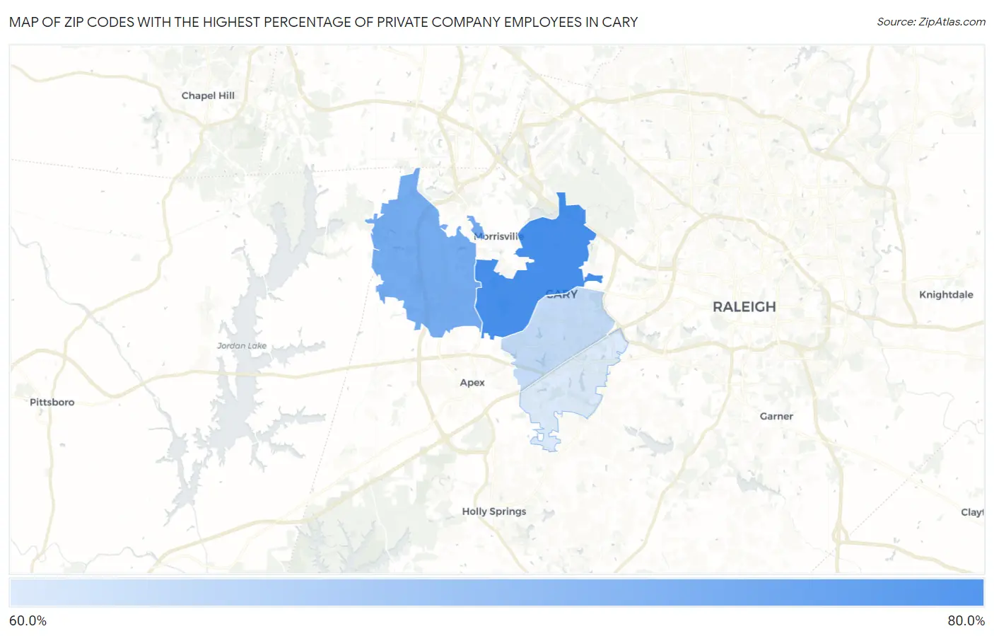 Zip Codes with the Highest Percentage of Private Company Employees in Cary Map