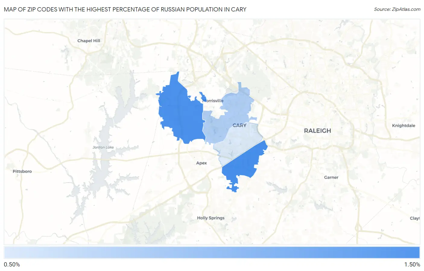 Zip Codes with the Highest Percentage of Russian Population in Cary Map