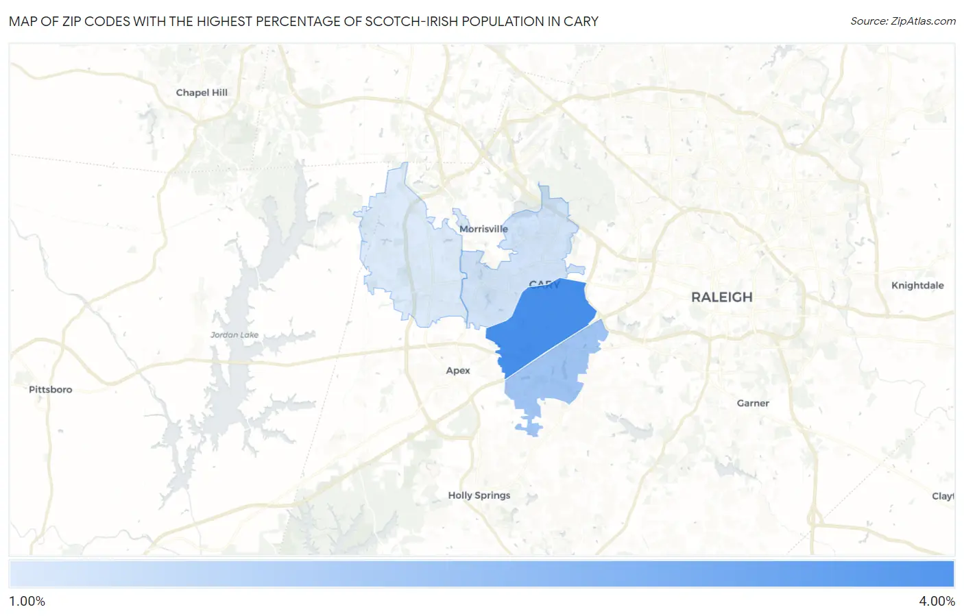 Zip Codes with the Highest Percentage of Scotch-Irish Population in Cary Map