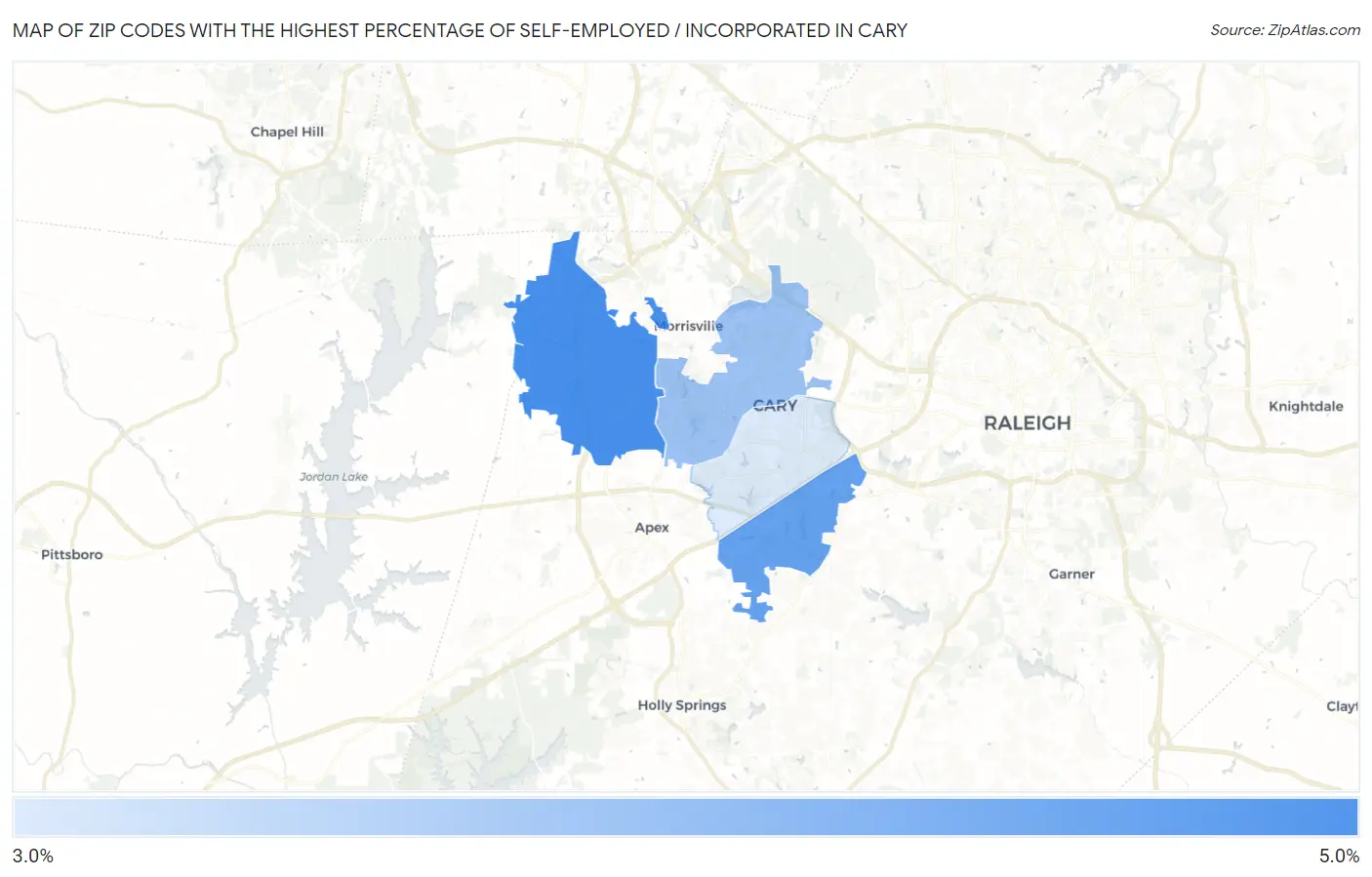 Zip Codes with the Highest Percentage of Self-Employed / Incorporated in Cary Map