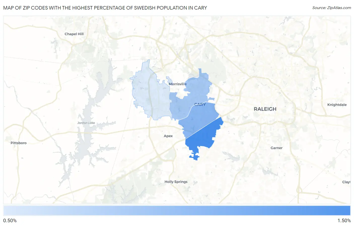 Zip Codes with the Highest Percentage of Swedish Population in Cary Map