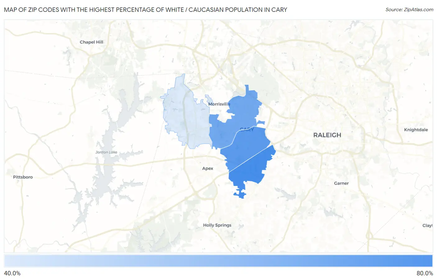 Zip Codes with the Highest Percentage of White / Caucasian Population in Cary Map