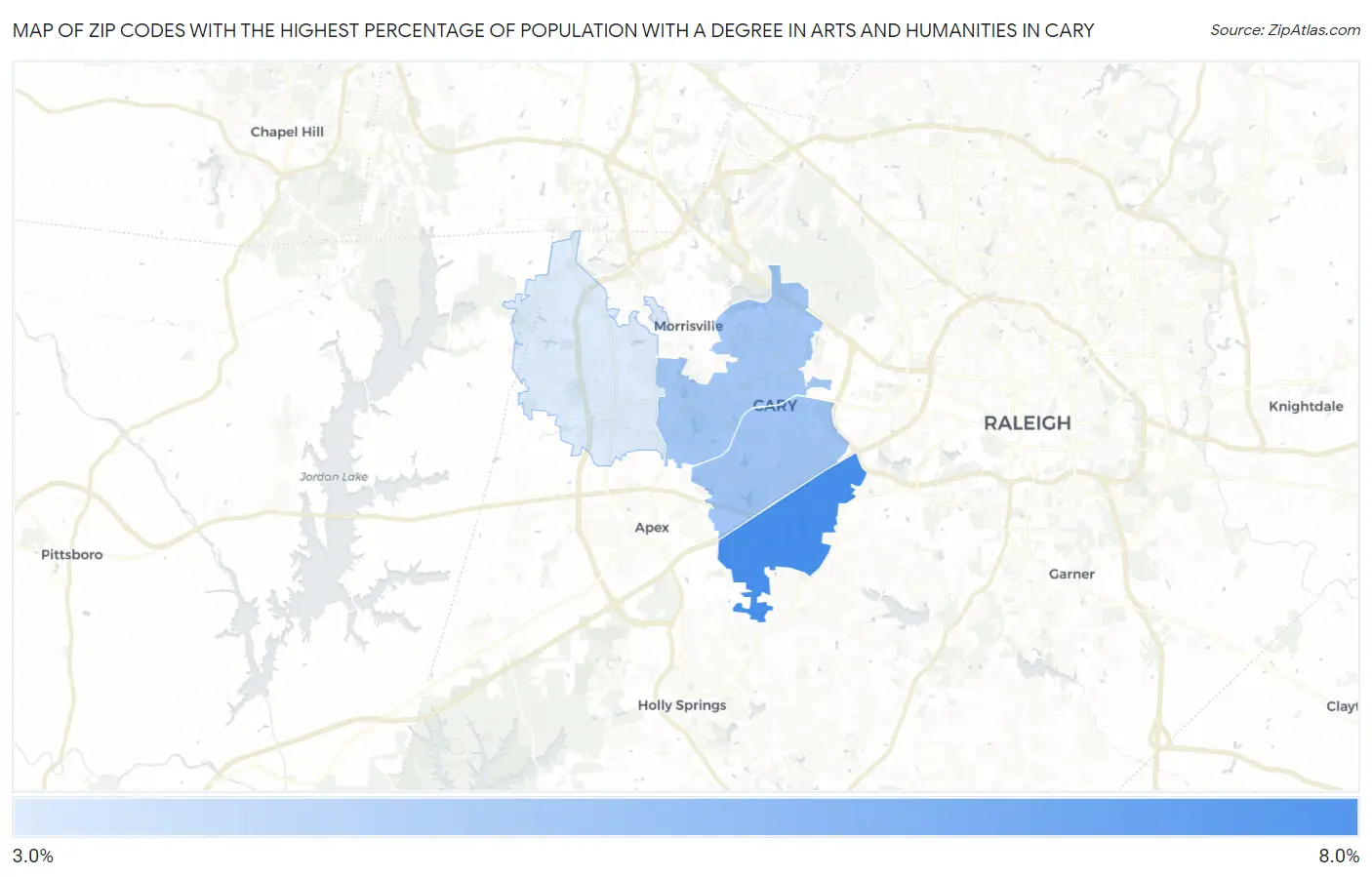 Zip Codes with the Highest Percentage of Population with a Degree in Arts and Humanities in Cary Map