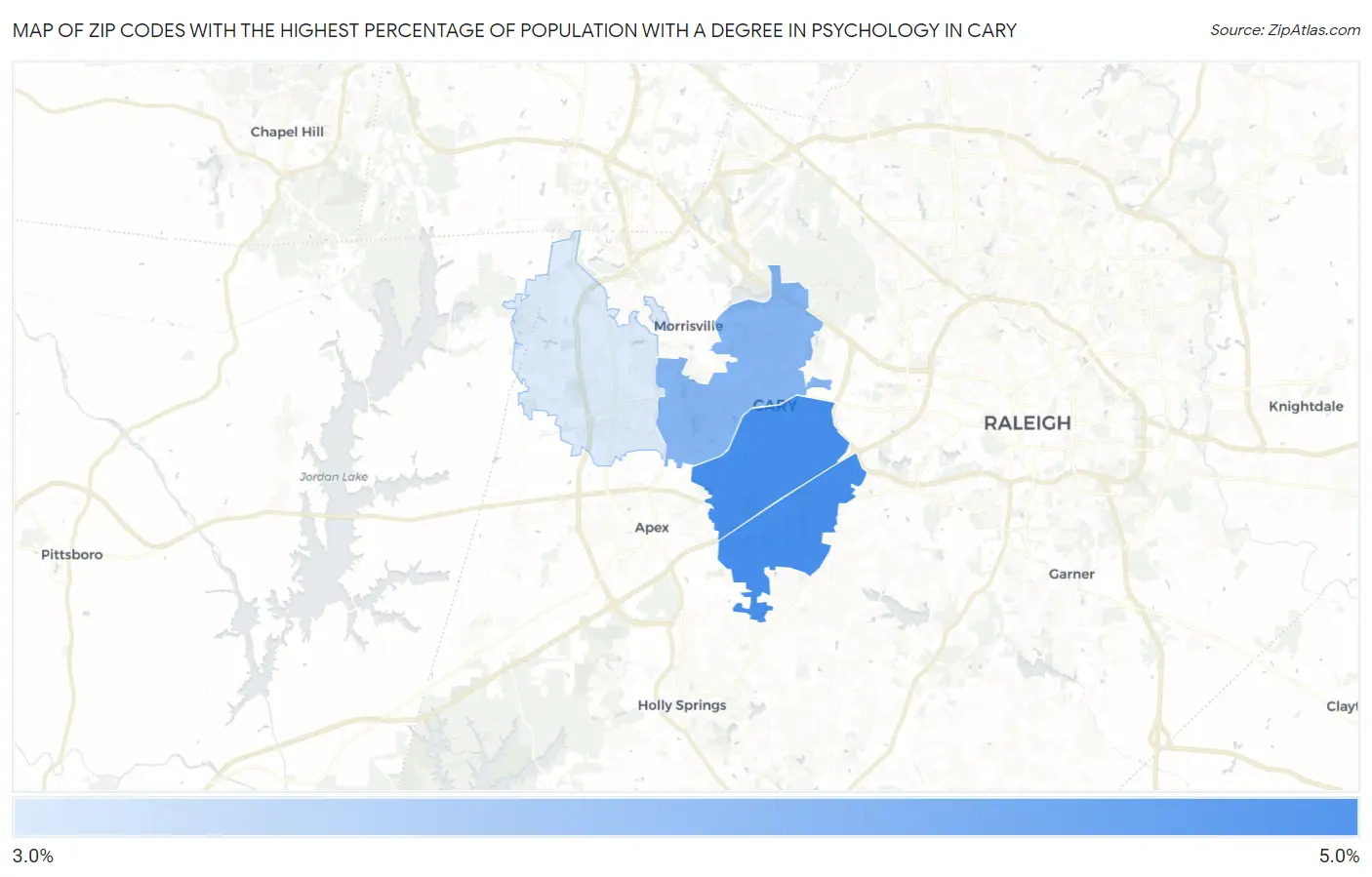Zip Codes with the Highest Percentage of Population with a Degree in Psychology in Cary Map